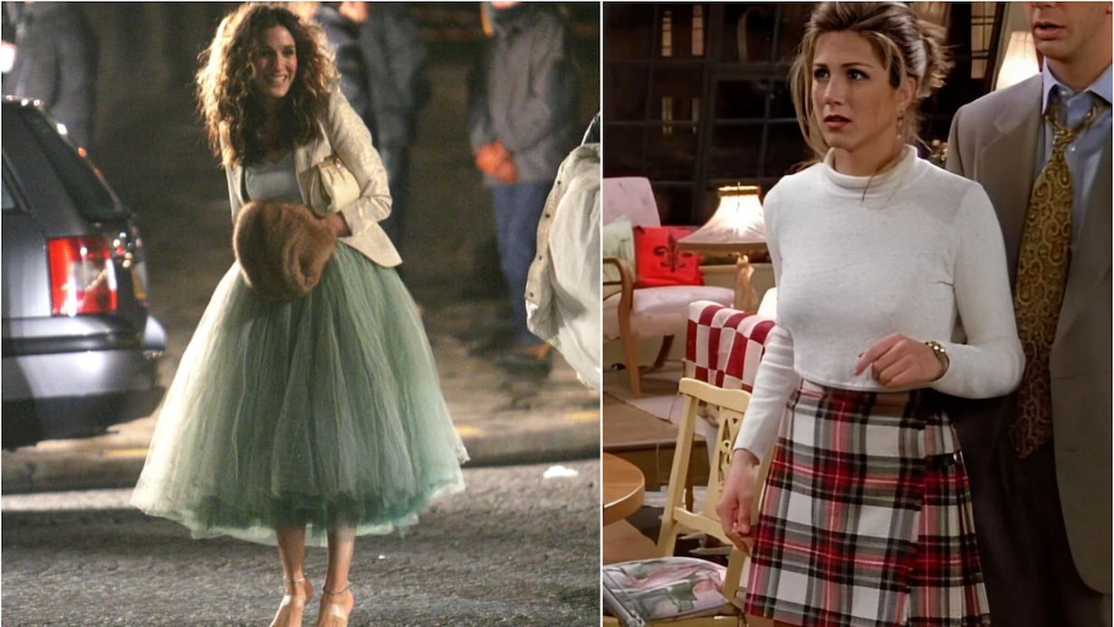 Carrie Bradshaw and Rachel Green in their iconic scirts inspiring trending TV fashion looks.