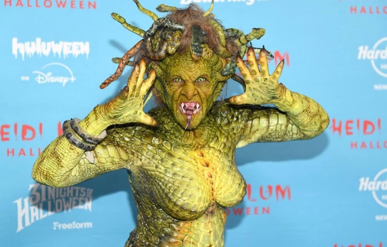 Heidi Klum dressed as Medusa at her 2025 Halloween party, featuring snake hair, a serpentine tail, and intricate prosthetic details.