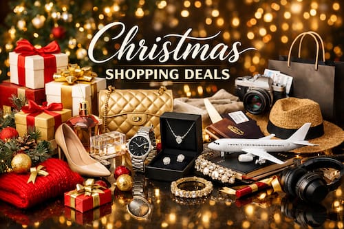 Christmas shopping with laptop and wrapped gifts for holiday deals