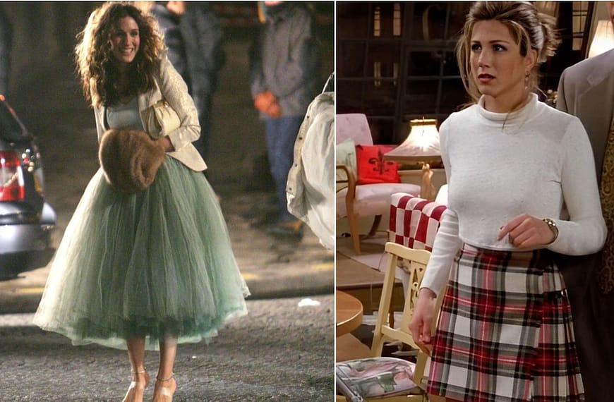 Carrie Bradshaw and Rachel Green in their iconic scirts inspiring trending TV fashion looks.